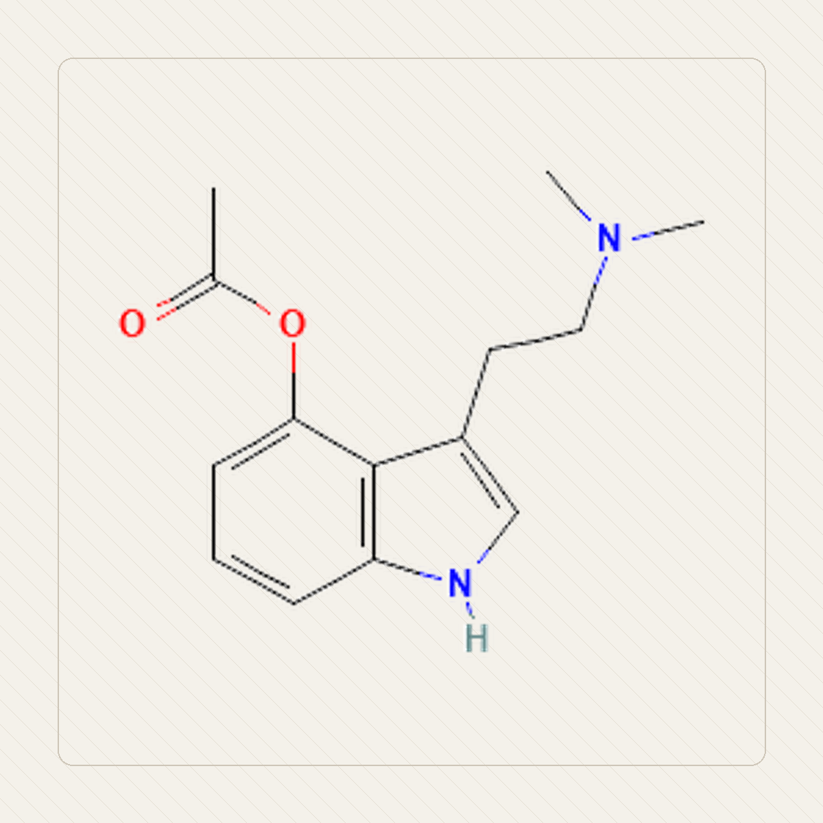 4-AcO-DMT O-acetylo-psylocyna, výuková ilustrácia molekulárnej štruktúry