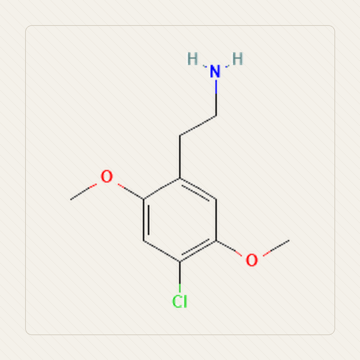 2C-C 2,5-dimetoksy-4-chlorofenetyloamina, výuková ilustrácia molekulárnej štruktúry