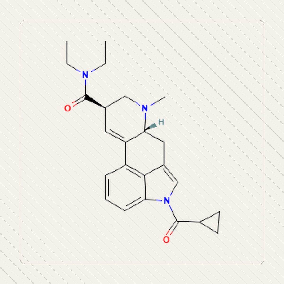 1cP-LSD 1-cyclopropionylo-LSD, výuková ilustrácia molekulárnej štruktúry